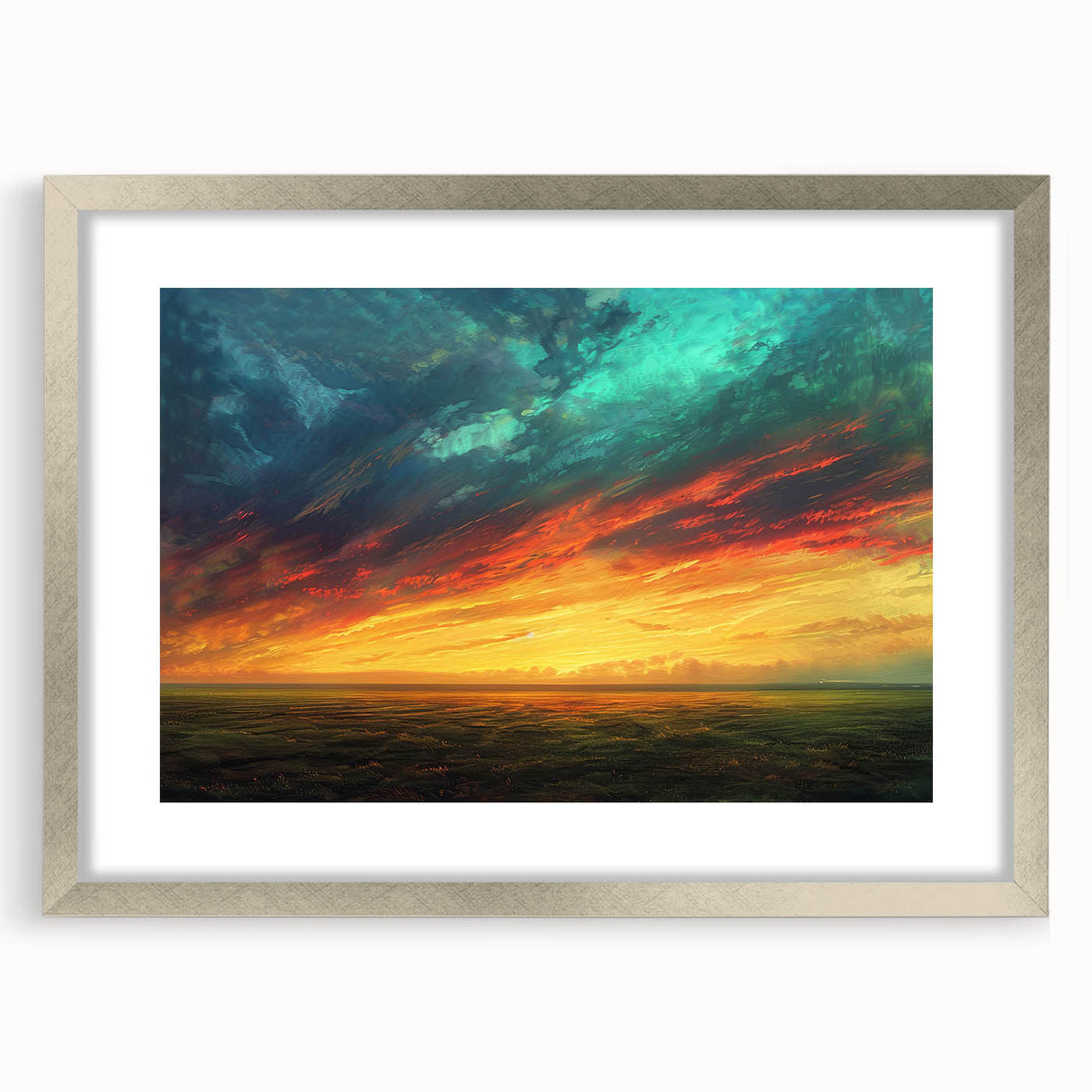 Framed wall art from the Landscapes Skyscapes Design Collection, featuring a serene nature scene with vibrant colors, set in a sleek silver frame with matting.