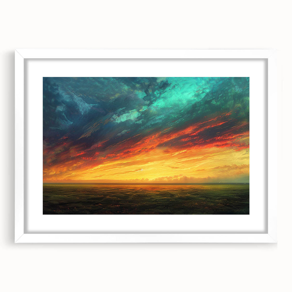 Framed wall art collection showcasing serene landscapes and skyscapes, featuring a white mat and frame, perfect for enhancing home decor aesthetics.