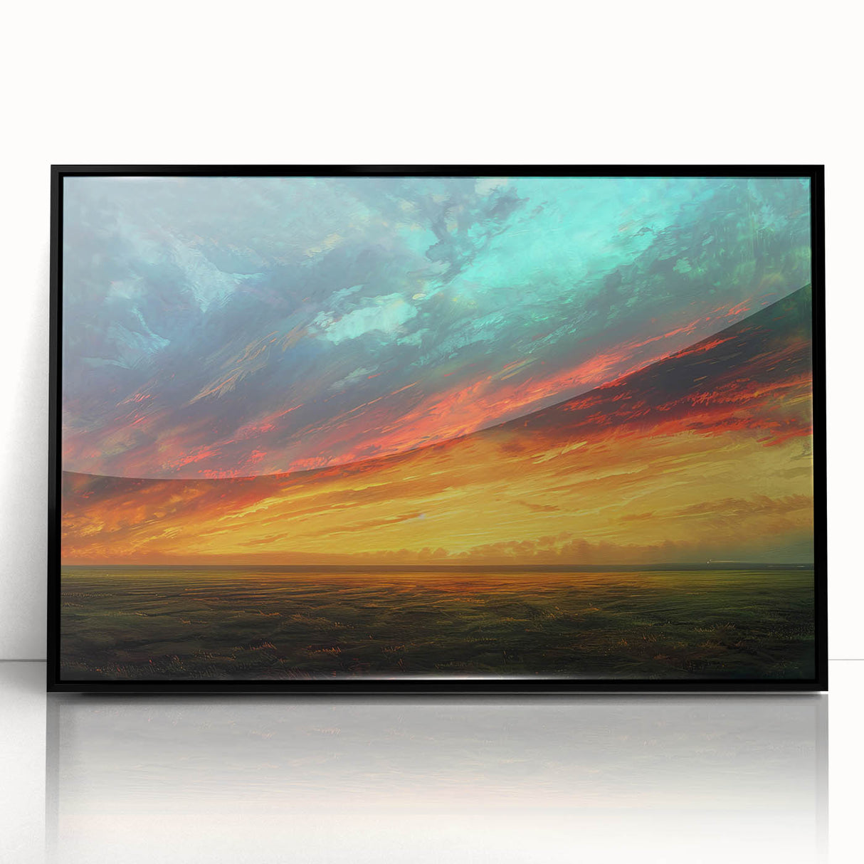 Framed acrylic wall art featuring a stunning landscapes and skyscapes design in a sleek black frame, showcasing vibrant colors and intricate details perfect for enhancing home decor.