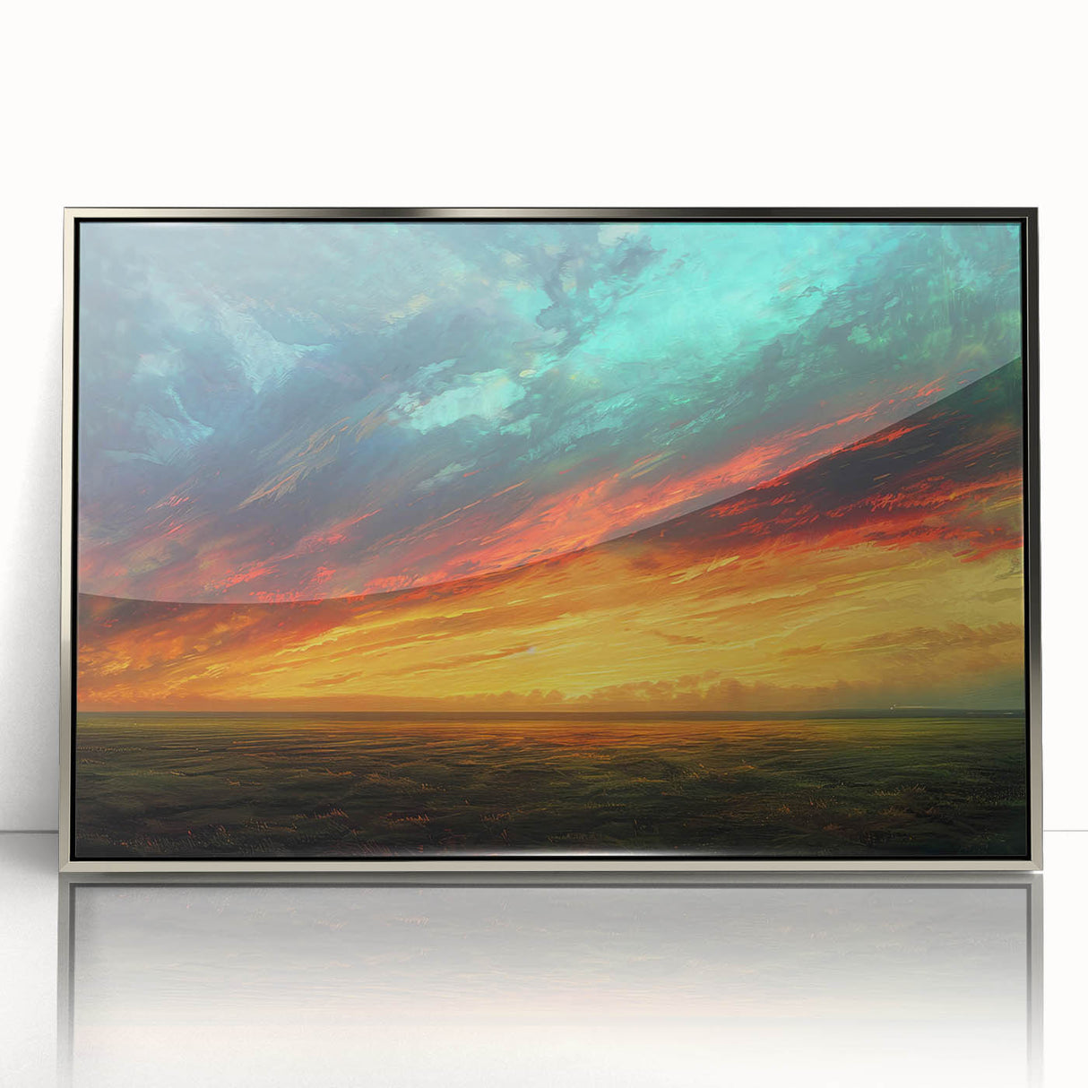 Framed wall art featuring a serene skyscape with vibrant colors and abstract cloud formations, presented in a sleek silver frame, ideal for modern home decor.