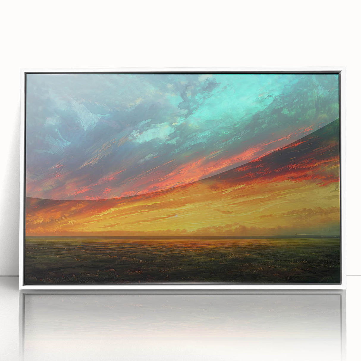 Framed acrylic wall art featuring a serene landscape design with vibrant colors and intricate details, displayed in a sleek white frame, ideal for home decor enhancement.
