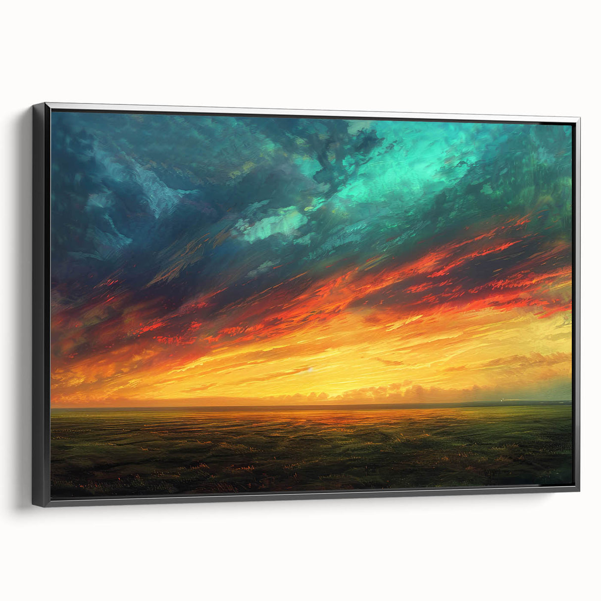 Framed canvas artwork showcasing a serene landscape and vibrant skyscape design, with a sleek black frame, perfect for modern home decor. Ideal for enhancing living spaces with artistic flair.