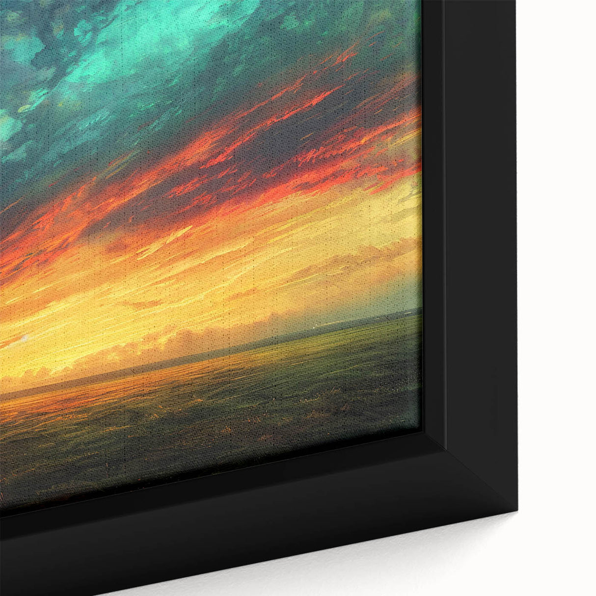 Framed canvas wall art showcasing a vibrant landscape design with dramatic skies, featuring rich colors and intricate details, perfect for home decor enhancement.