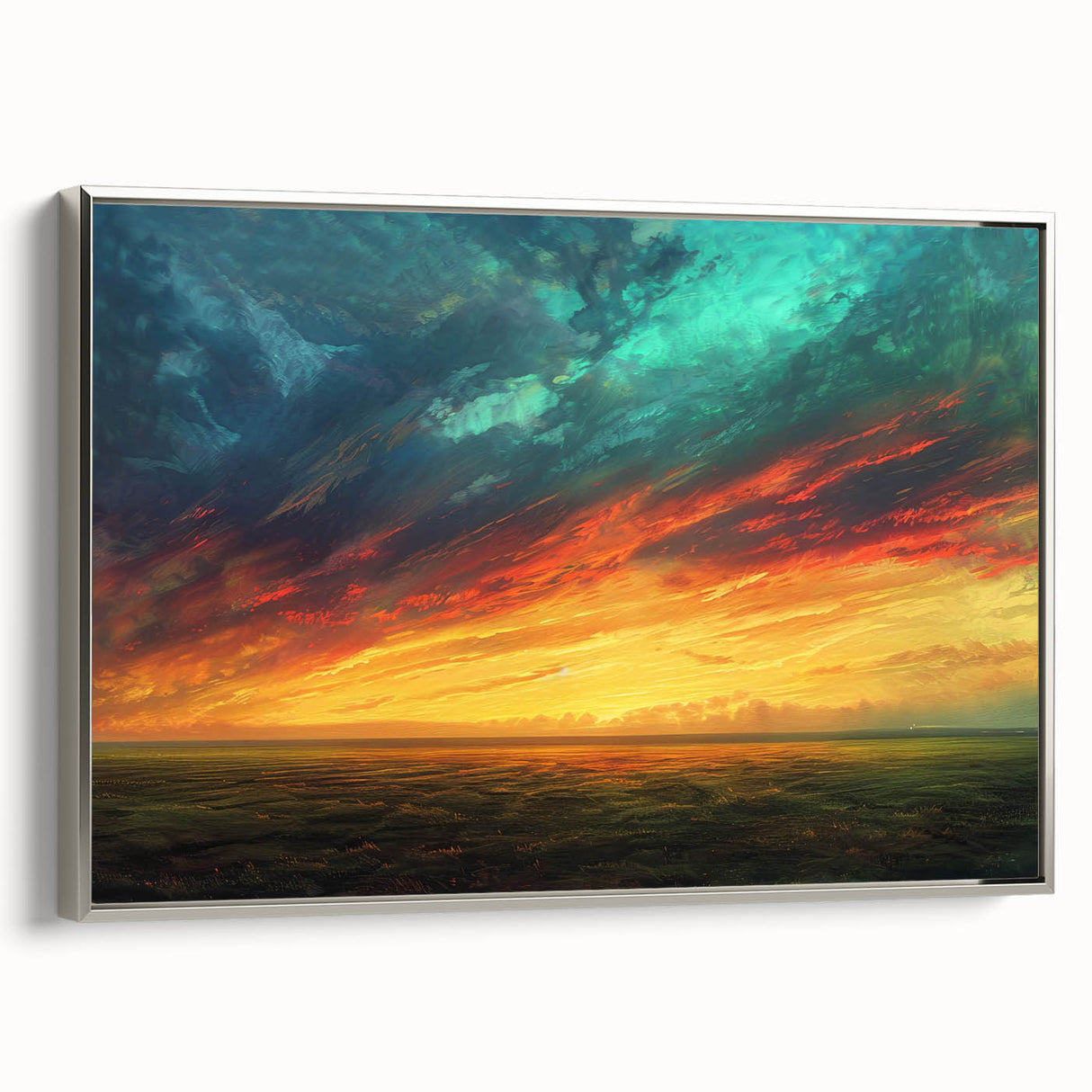 Framed canvas wall art showcasing a serene landscape with vibrant colors and intricate details, elegantly displayed in a silver frame, perfect for home decor.