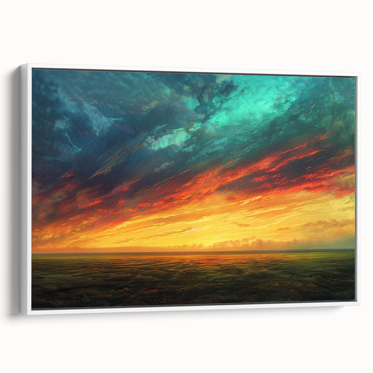 Framed canvas wall art featuring a serene landscape design with soft blue skies and lush greenery, presented in a sleek white frame, perfect for home decor.