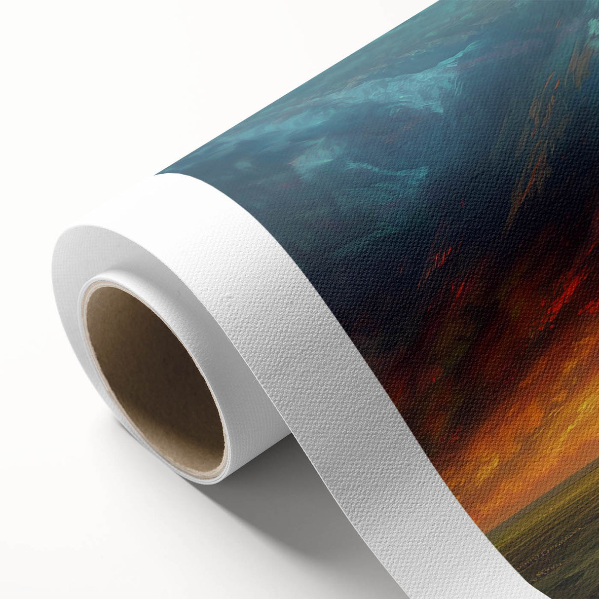 Vibrant rolled canvas wall art showcasing a stunning landscape scene with a colorful sunset over rolling hills, perfect for home decor. Ideal for art enthusiasts.
