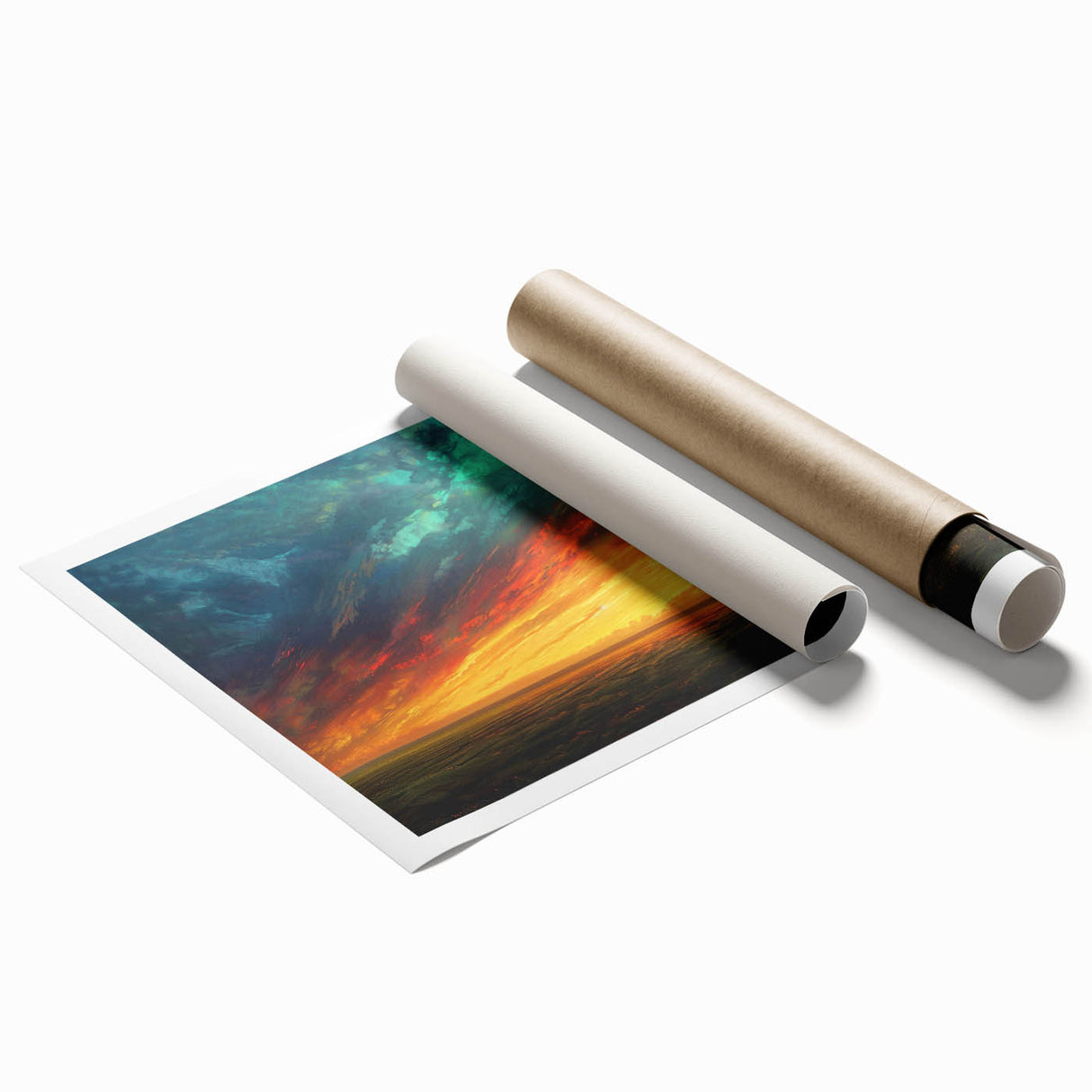 Rolled print of a vibrant landscape featuring a serene sunset sky with clouds, designed for wall art decor, ideal for enhancing home ambiance and aesthetics.