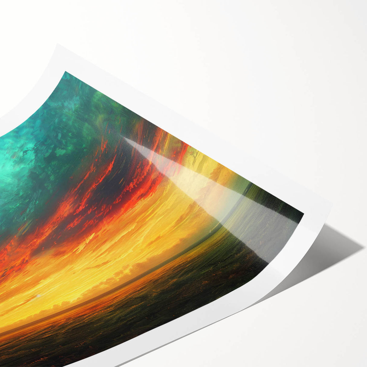 Rolled print showcasing a vibrant landscape with a stunning sunset over rolling hills, ideal for home decor or office wall art, packaged securely for delivery.
