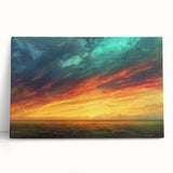Stretched canvas wall art showcasing a vibrant landscape with dramatic skies, elegantly leaning against a neutral wall, perfect for home decor enhancement.