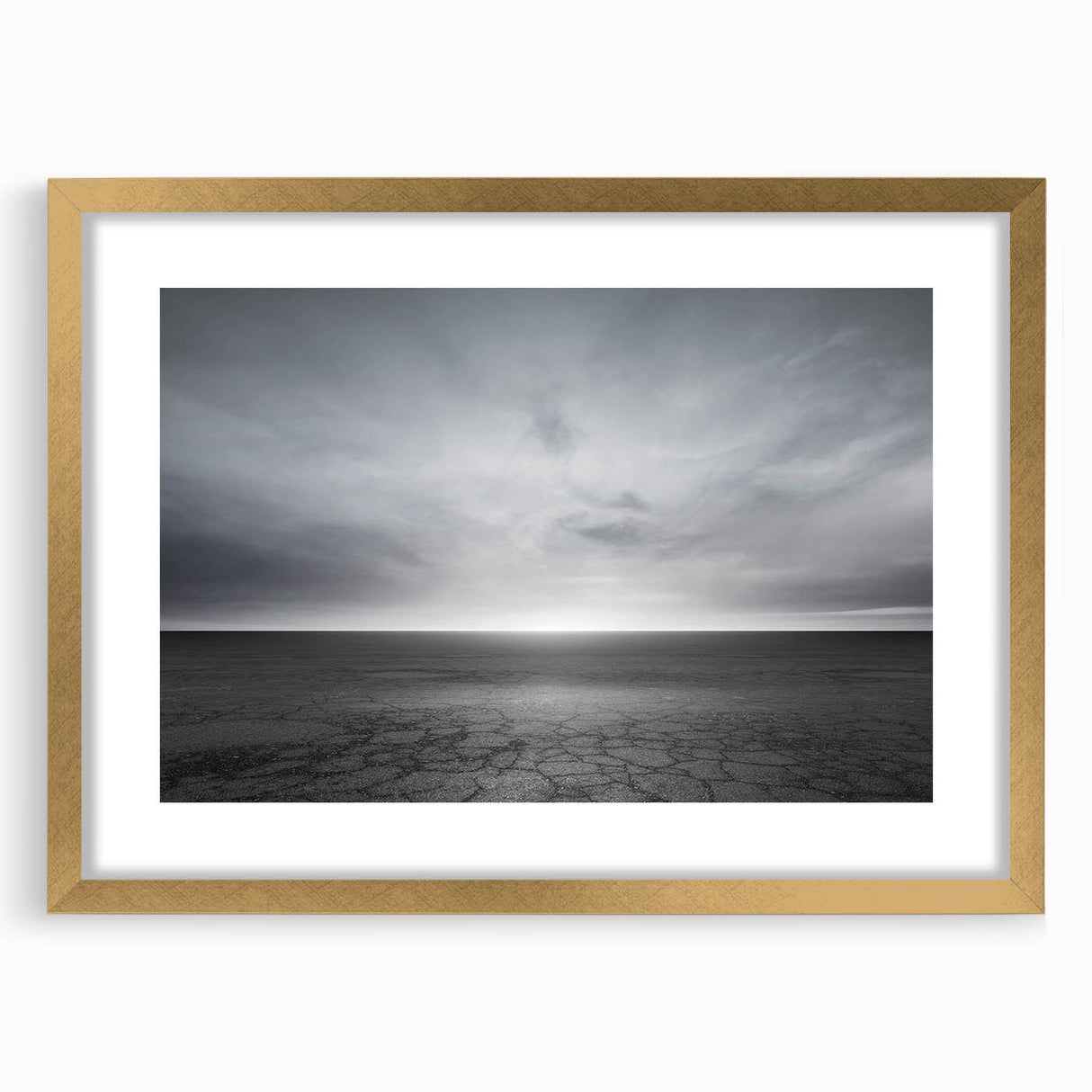 Framed wall art showcasing a landscapes and skyscapes design in gold, featuring a modern mat and elegant frame, perfect for home decor enhancement.