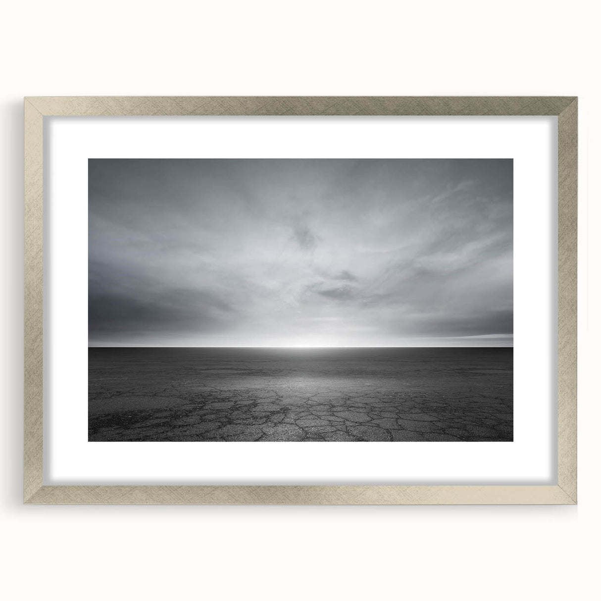 Framed silver mat wall art showcasing a serene landscape scene, perfect for enhancing home decor with a touch of elegance and tranquility. Ideal for art lovers.