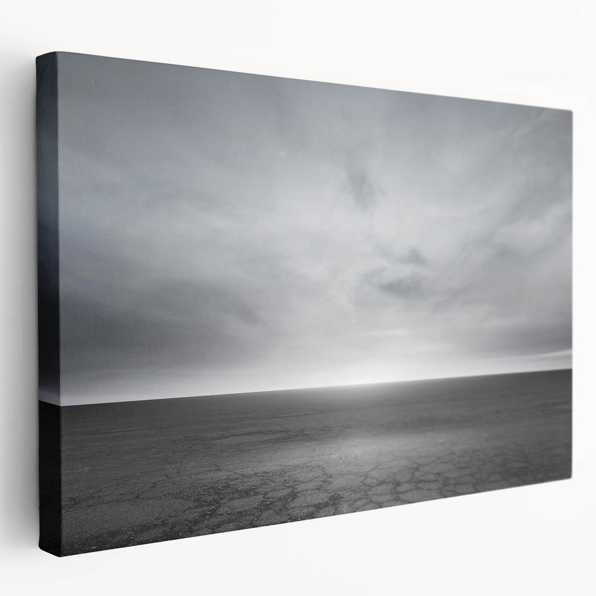 Stretched canvas wall art showcasing a vibrant landscape with colorful skies, ideal for enhancing home decor. Side view highlights the canvas texture and depth.