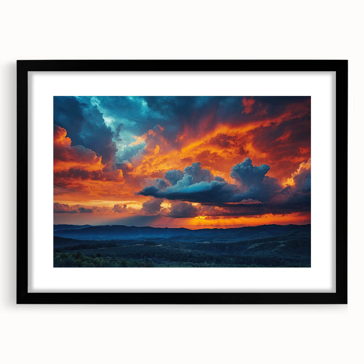 Framed wall art featuring a serene landscape with soft pastel colors and a black mat, ideal for home decor. Perfect for creating a calming atmosphere.
