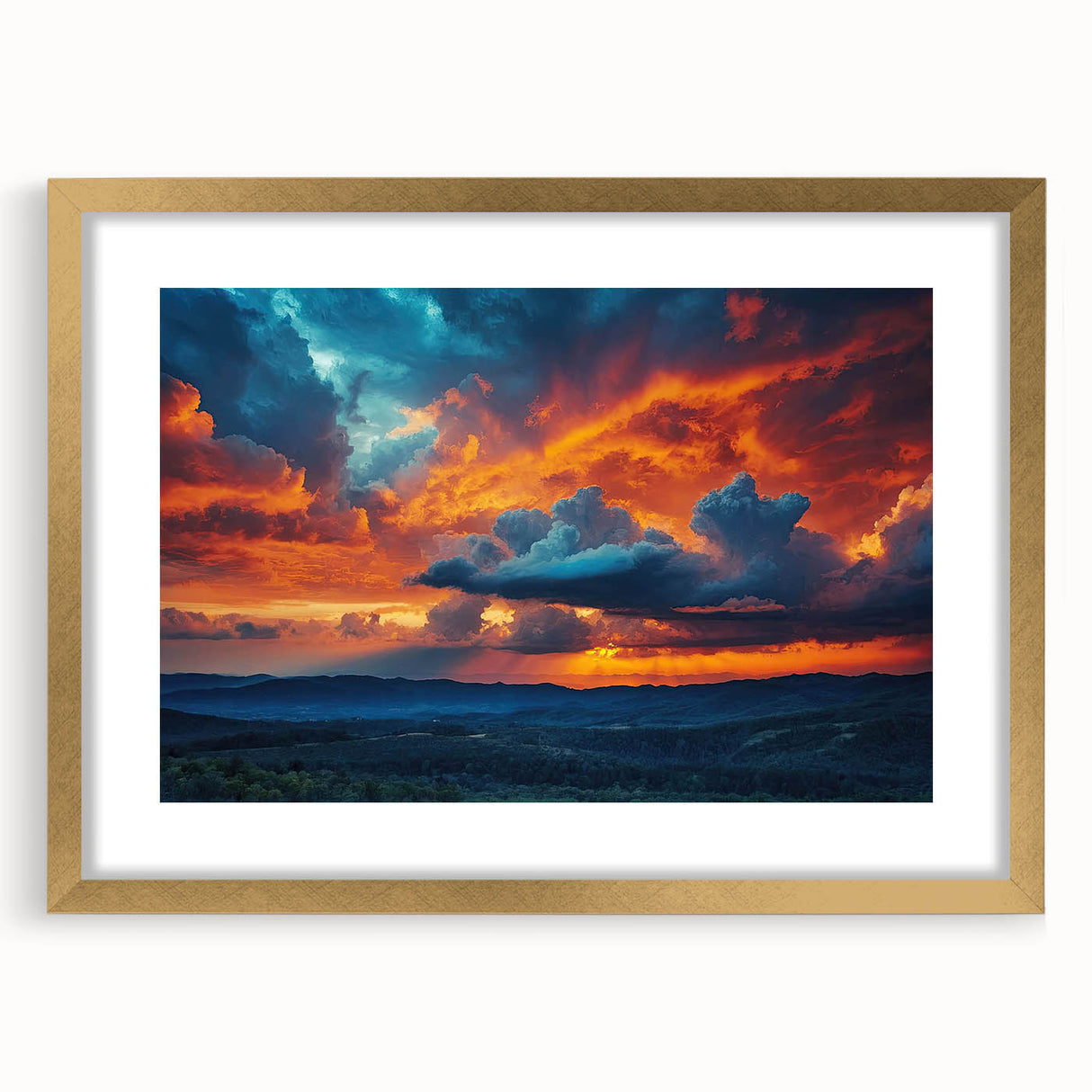 Framed wall art collection featuring a vibrant landscapes and skyscapes design with a gold mat, showcasing elegant decor for modern interiors.