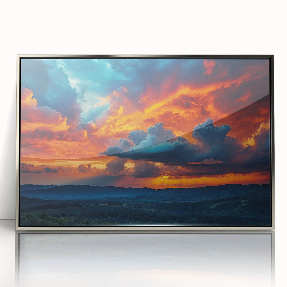 Framed wall art collection showcasing a stunning landscapes and skyscapes design in acrylic with a sleek silver frame, ideal for modern home decor.