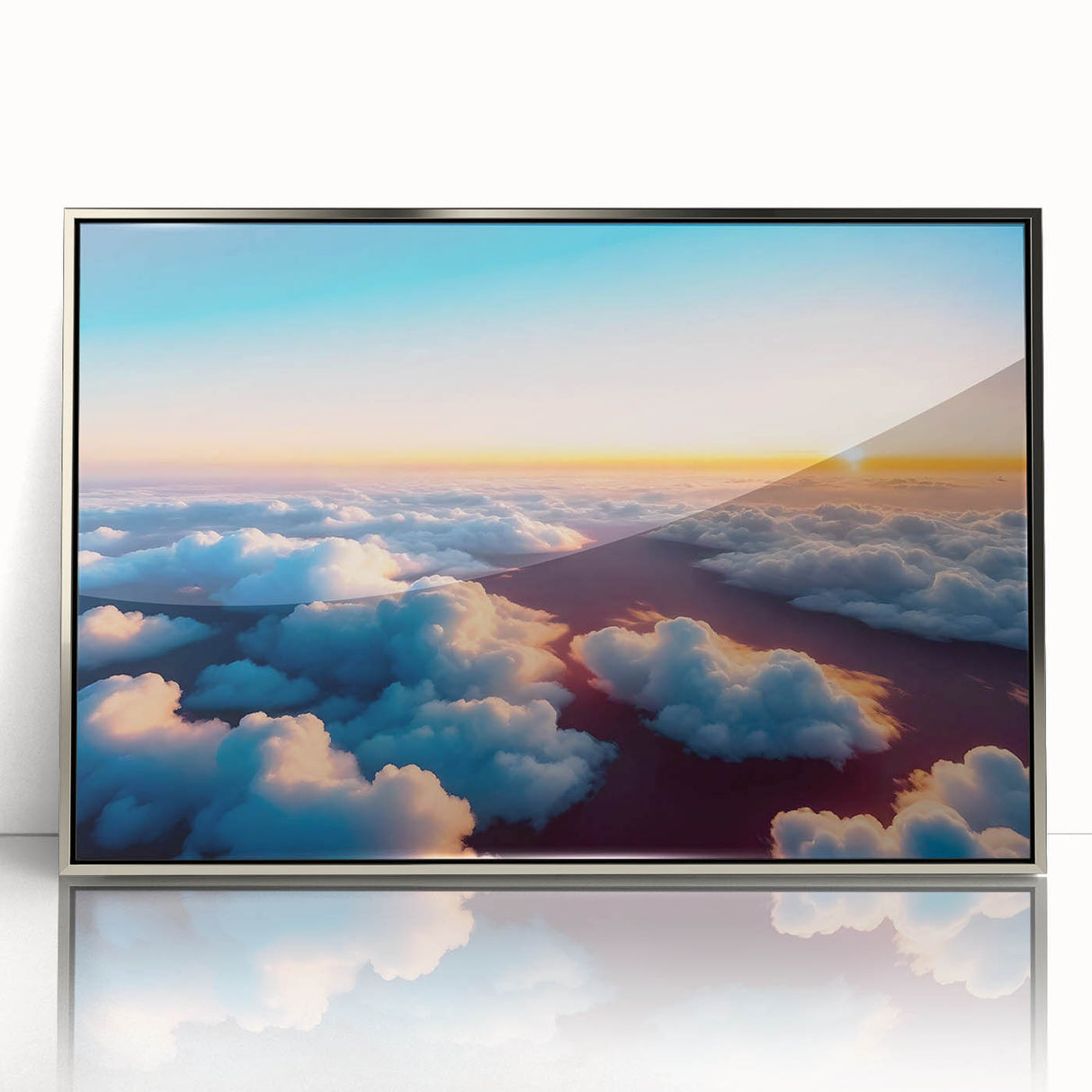 Framed acrylic wall art showcasing a stunning landscapes and skyscapes design with a sleek silver frame, perfect for modern home decor and interior styling.