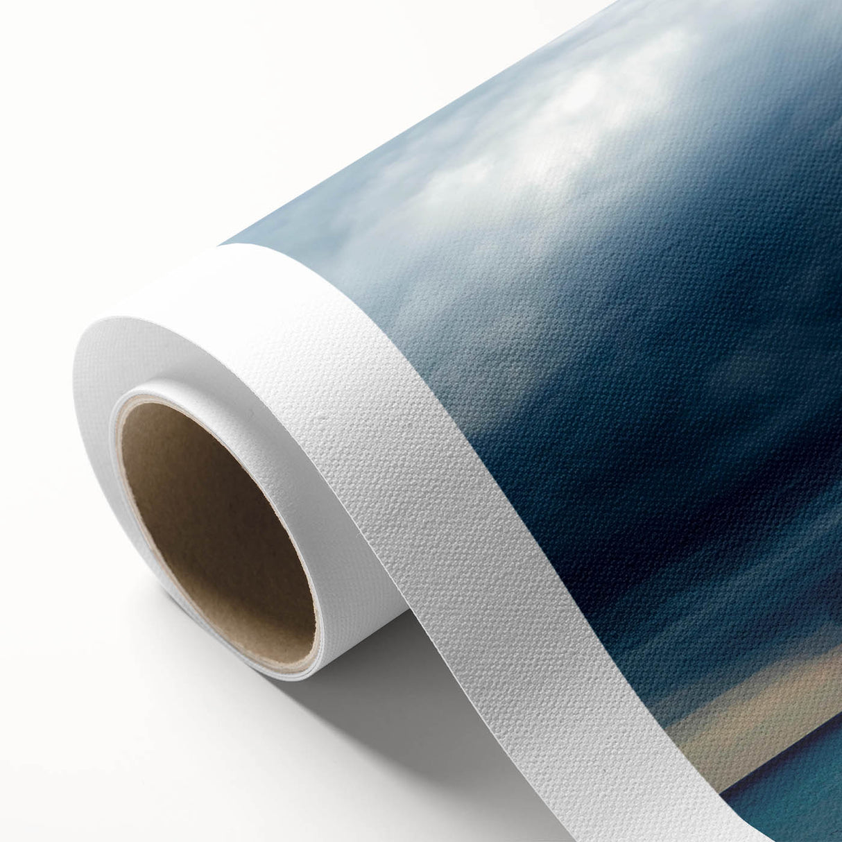 Rolled canvas showcasing a serene landscape and skyscape wall art design, featuring vibrant colors and intricate details, ideal for enhancing home decor aesthetics.
