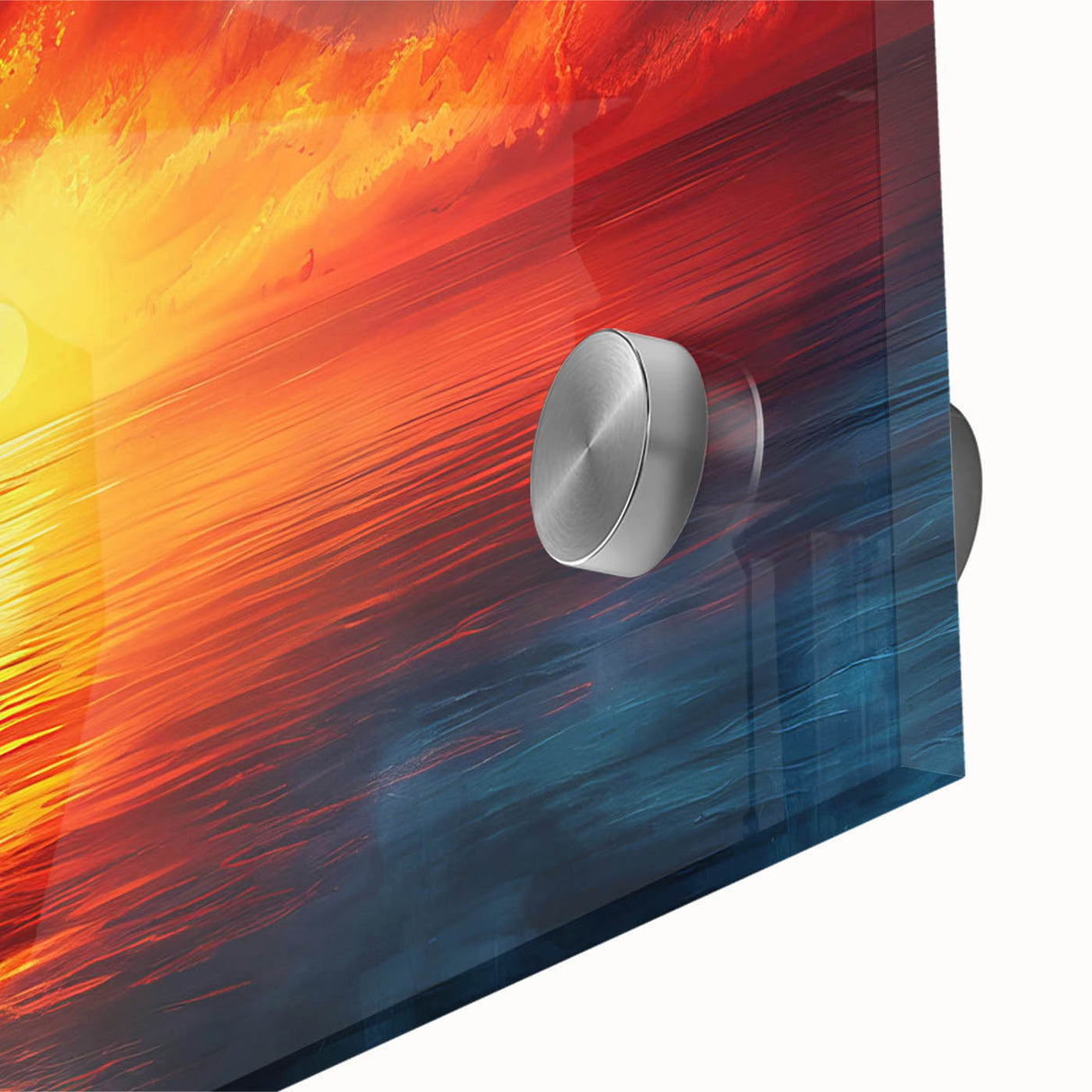 Close-up of a vibrant acrylic wall art piece depicting a stunning landscape with colorful skies, ideal for enhancing modern home decor and artistic spaces.