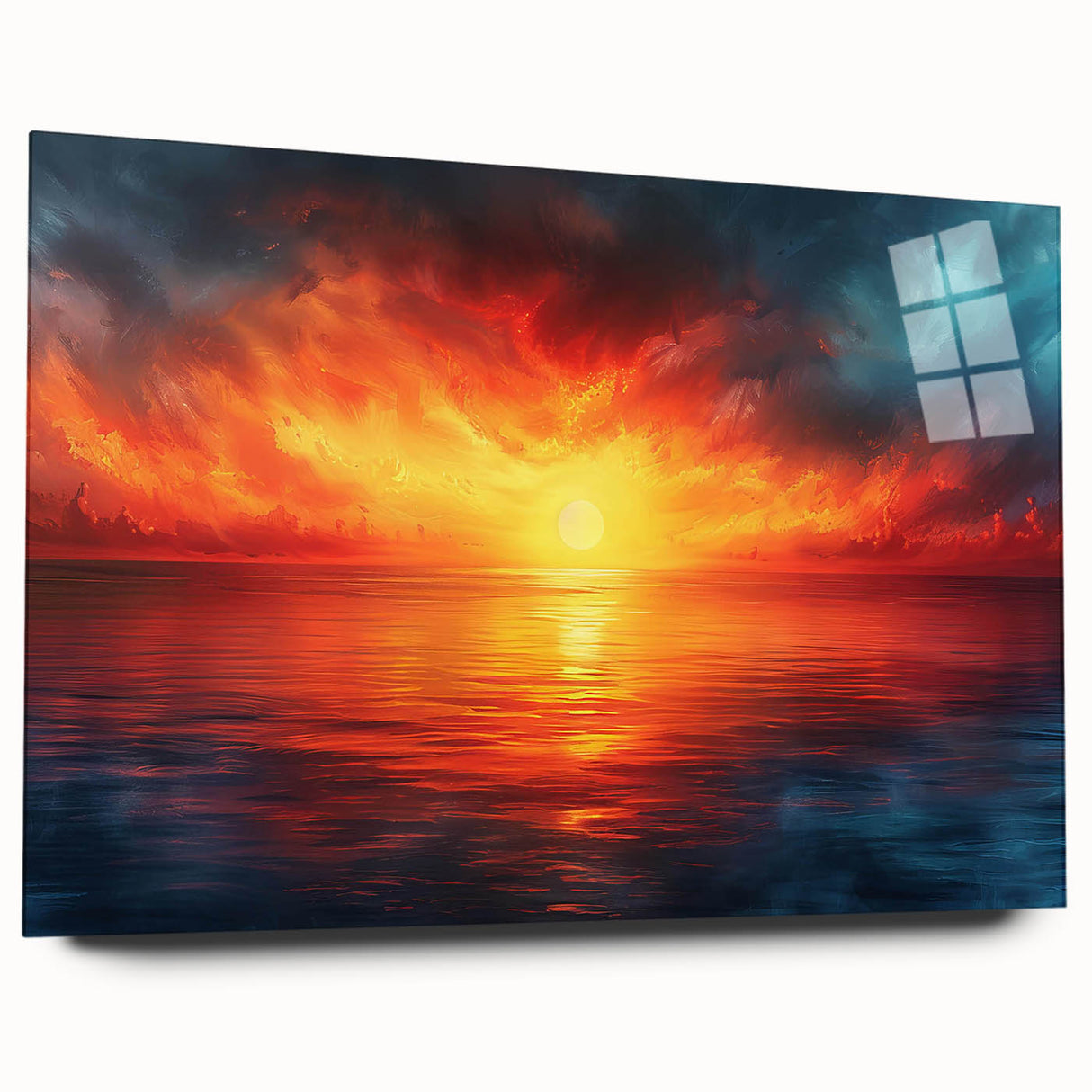 Side view of a modern acrylic glass wall art piece displaying a vibrant landscapes and skyscapes design, showcasing vivid colors and intricate details, ideal for home decor.