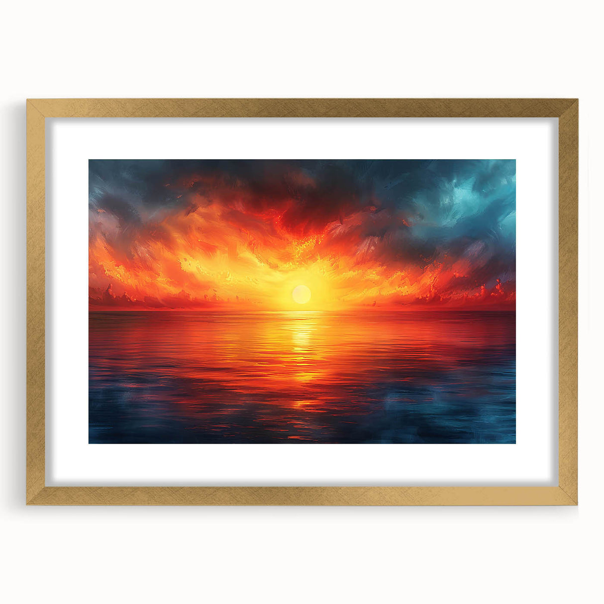 Elegant gold-framed wall art showcasing a serene landscape with vibrant colors, designed for home decor, enhancing interior aesthetics with its sophisticated mat finish.