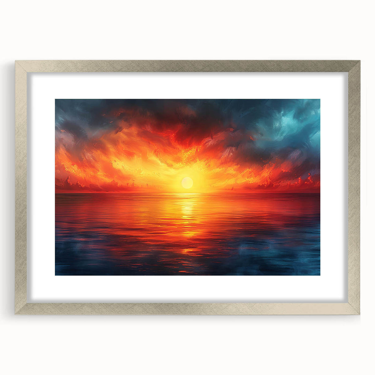 Framed landscape wall art collection featuring serene skyscapes, elegant silver matting, and modern design, ideal for home decor and aesthetic enhancement.