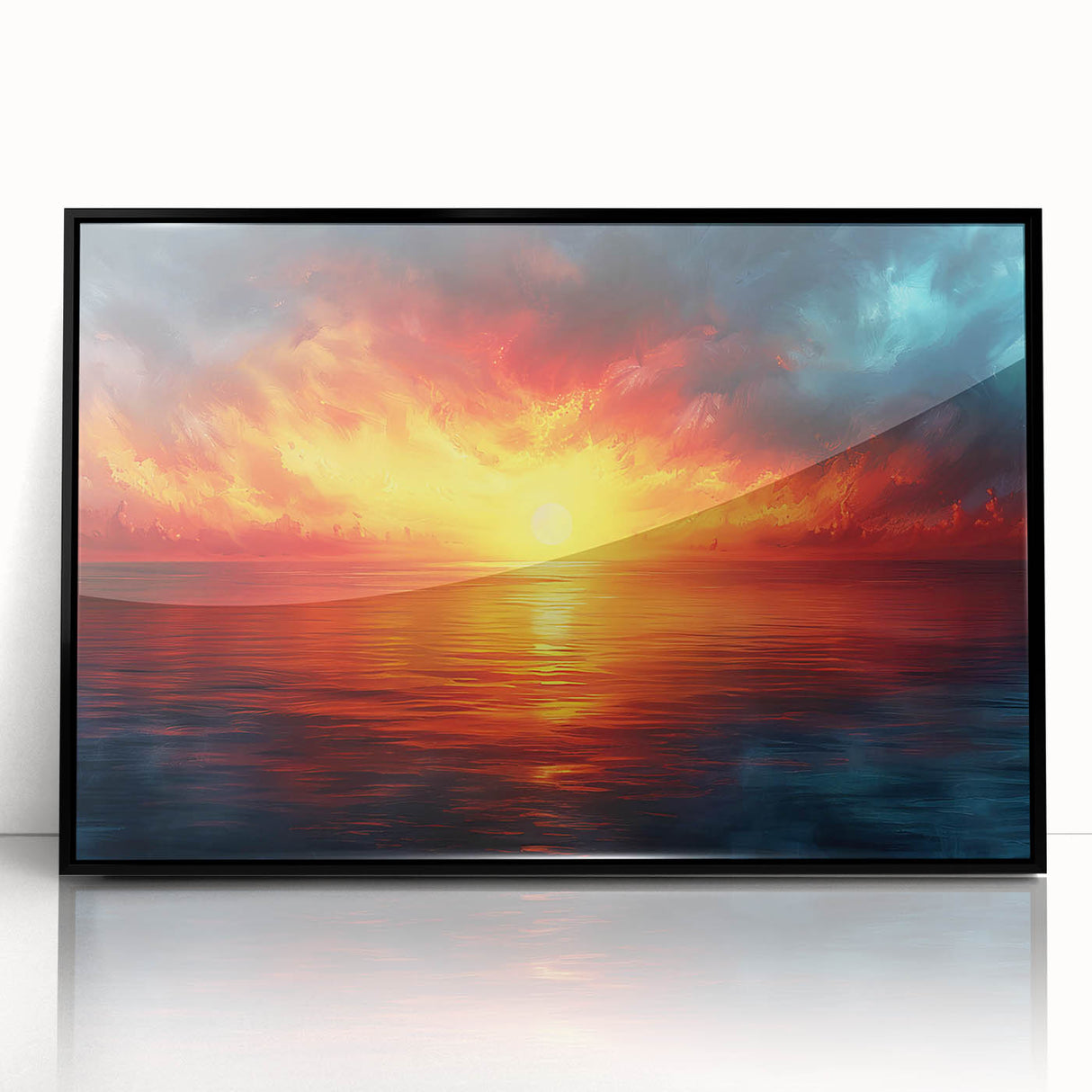 Framed acrylic wall art featuring a vibrant landscape design with rich colors and intricate details, displayed against a black frame for modern decor aesthetics.