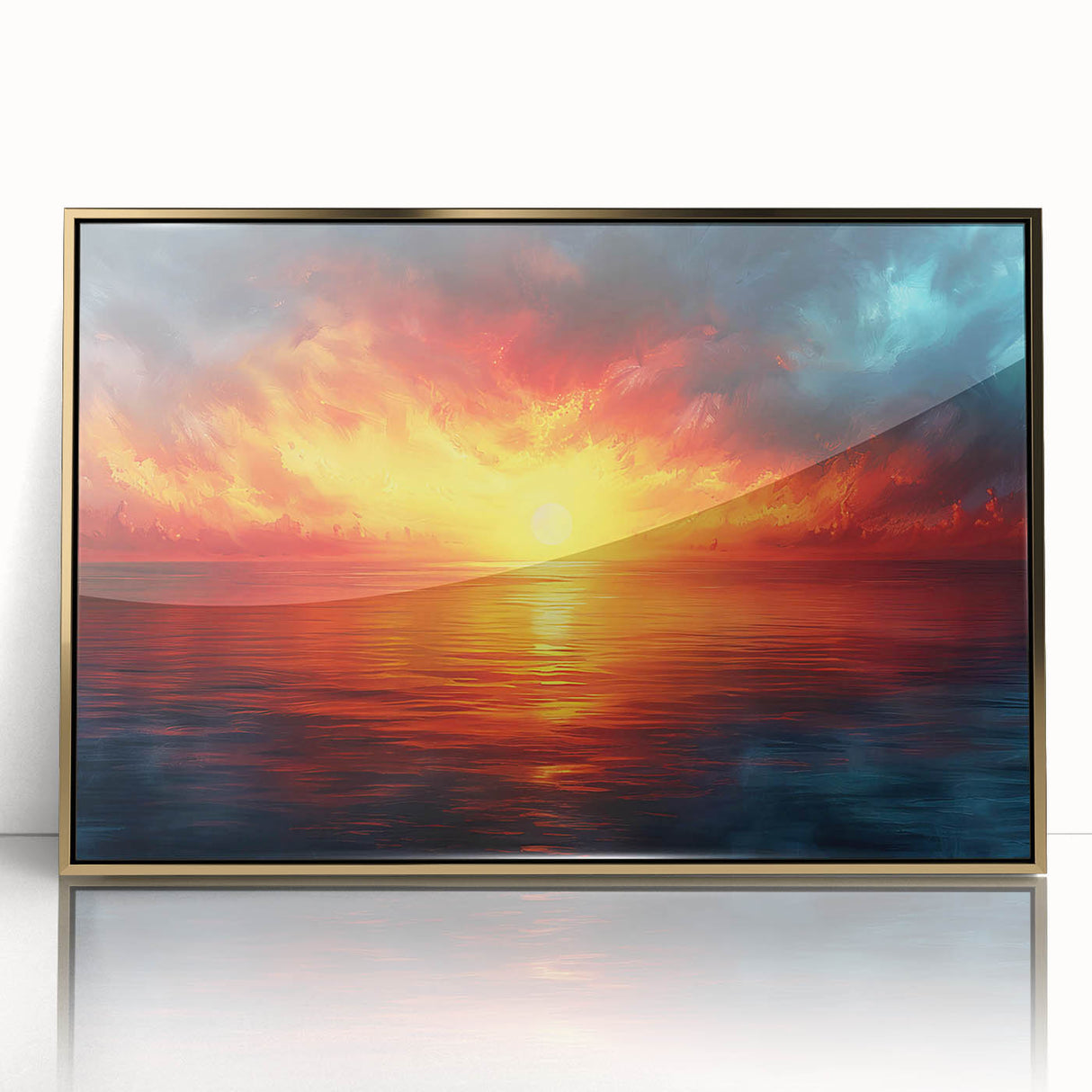 Framed acrylic wall art showcasing a stunning landscape scene with vibrant colors and gold accents, perfect for modern home decor and interior design enthusiasts.