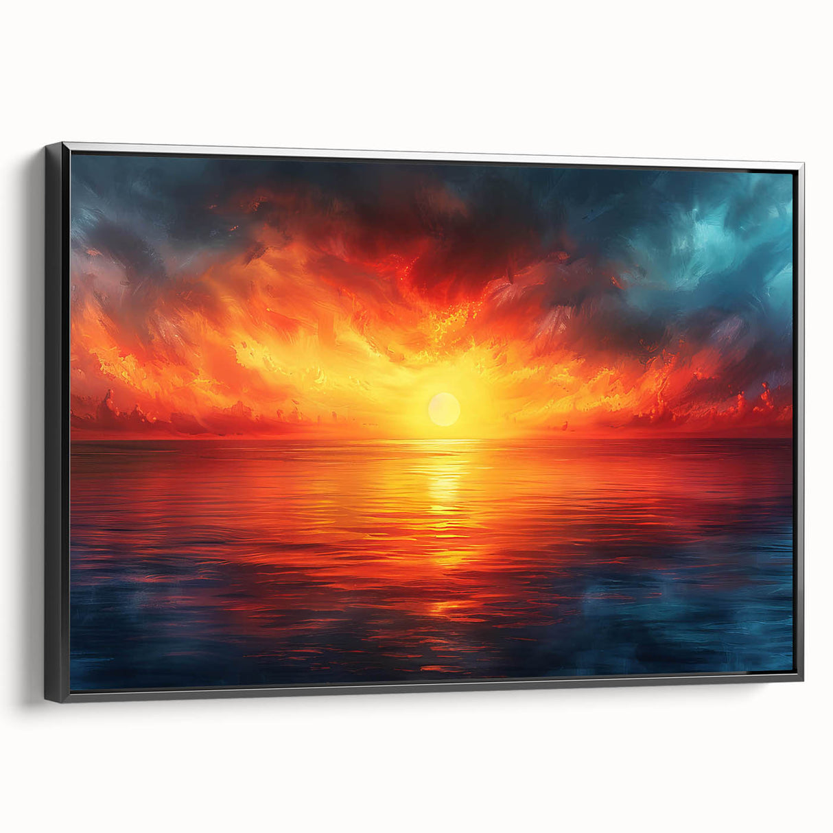 Framed canvas wall art showcasing a serene landscapes and skyscapes design, featuring vibrant colors and a sleek black frame, ideal for home decor enhancement.