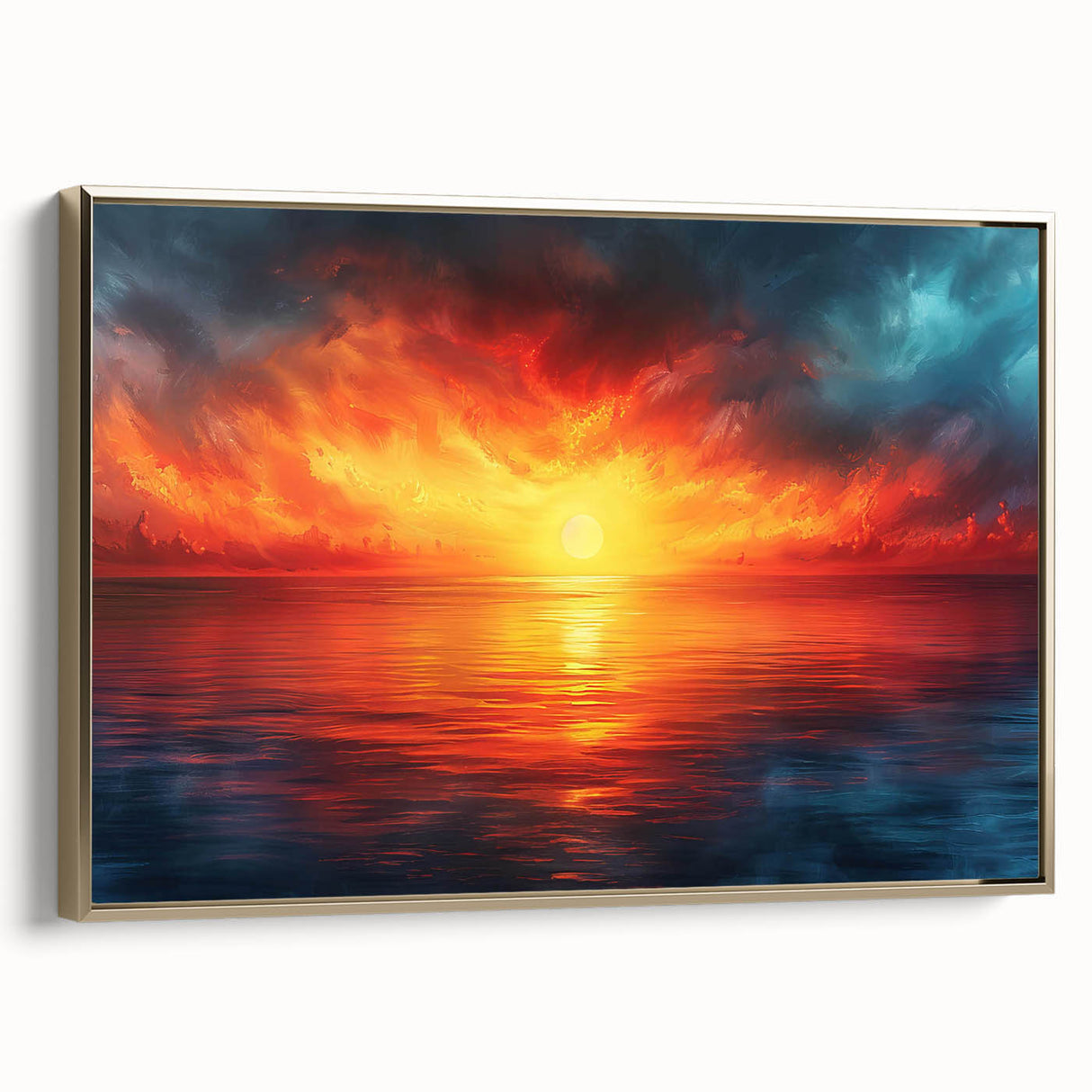 Framed canvas wall art featuring a stunning landscape design with golden accents, showcasing a modern aesthetic ideal for home decor, viewed from the side.