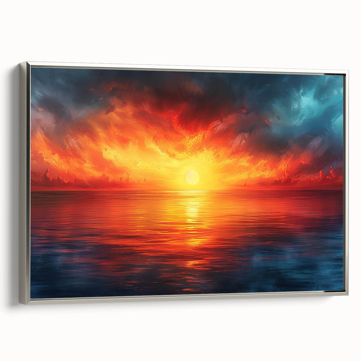 Framed canvas wall art collection showcasing a serene landscape and skyscape design, elegantly bordered in silver, ideal for home decor enhancement.