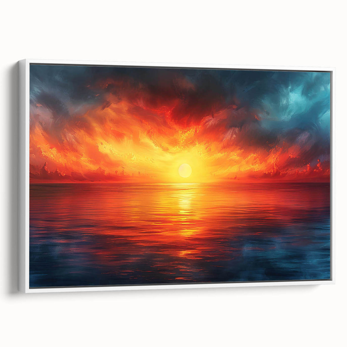 Framed canvas wall art collection showcasing vibrant landscapes and skyscapes, elegantly presented in a white frame, ideal for home decor enhancement.