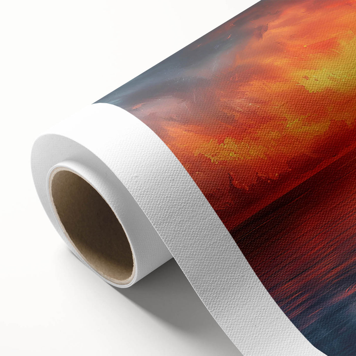 Rolled canvas showcasing a stunning landscape wall art piece with vibrant colors and intricate details, elegantly packaged in a protective cardboard tube for display.