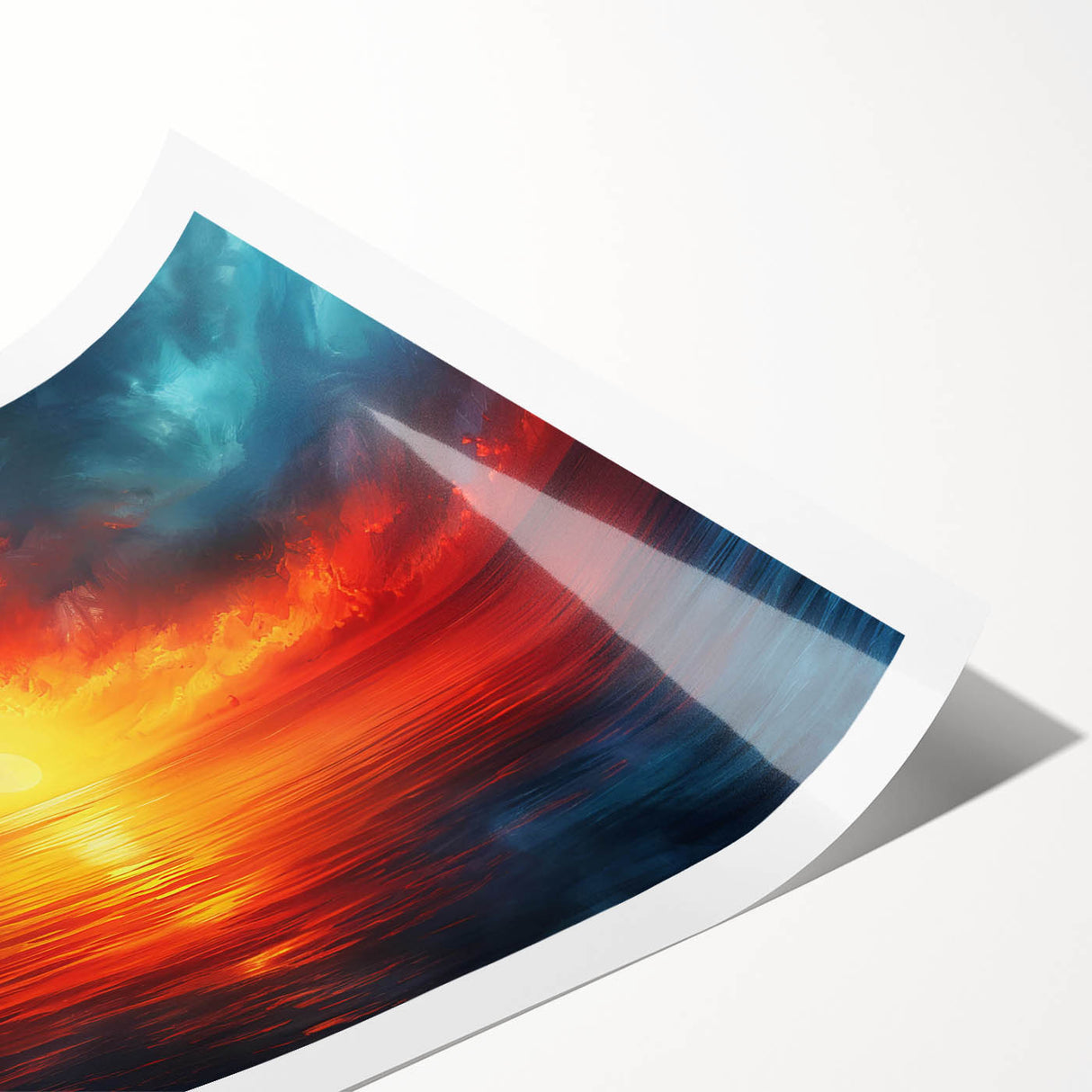 Rolled print showcasing a vibrant landscape design with soft blue and green hues, featuring abstract mountains and a serene sky, ideal for home decor.