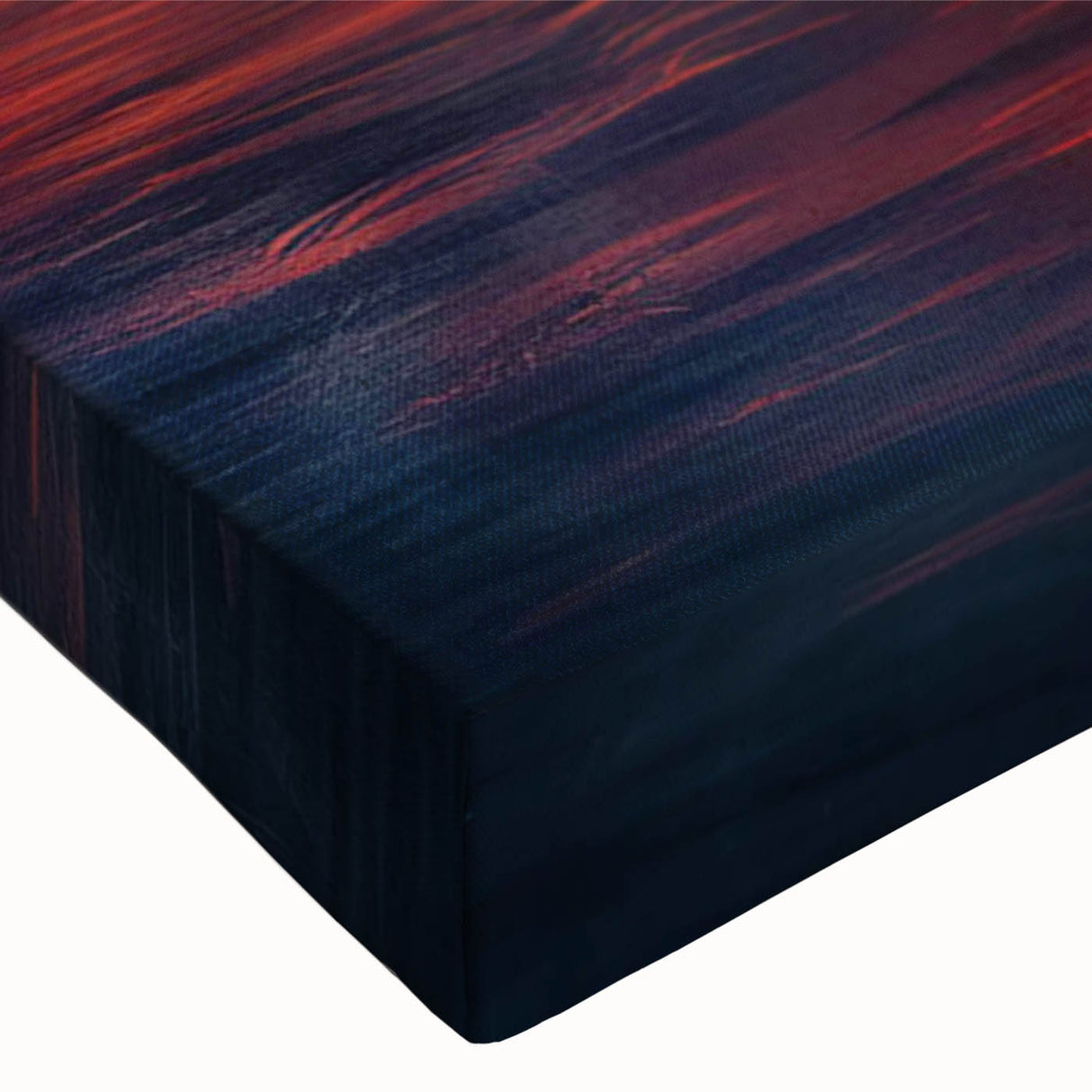 Close-up of a stretched canvas featuring a vibrant landscape design with rich colors and intricate details, showcasing an artistic interpretation of nature, perfect for home decor.