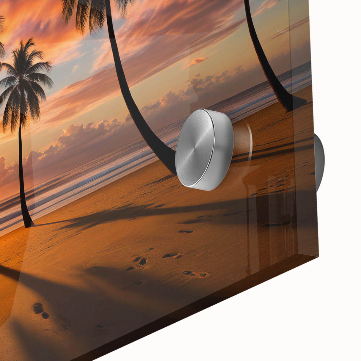 Close-up of a vibrant acrylic glass wall art piece showcasing a stunning landscape design, featuring rich colors and intricate details, perfect for modern decor.