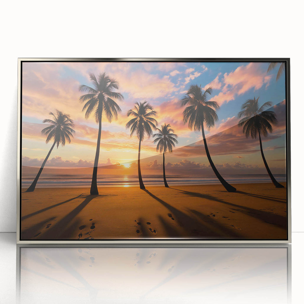 Framed acrylic wall art depicting a serene landscape with soft pastel colors, featuring rolling hills and a cloudy sky, perfect for modern home decor.