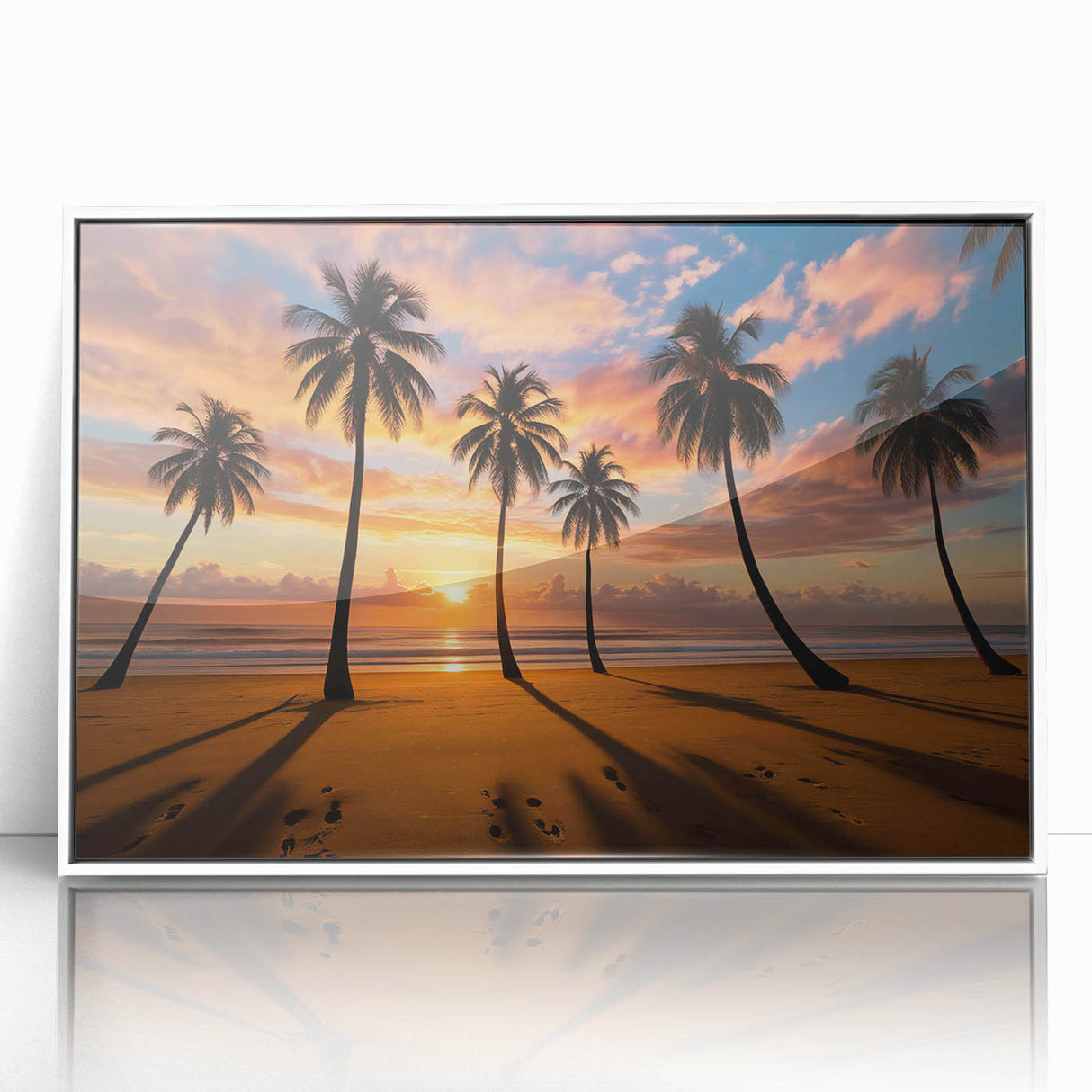 Framed acrylic wall art showcasing a vibrant landscape and skyscape design with a white frame, perfect for modern home décor, adding a touch of nature-inspired elegance.