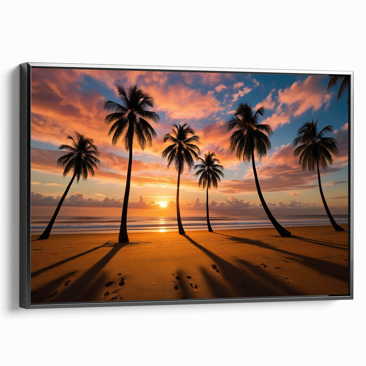 Framed wall art featuring a captivating landscape design with vibrant colors and intricate details, showcasing a black frame and canvas texture for modern decor.