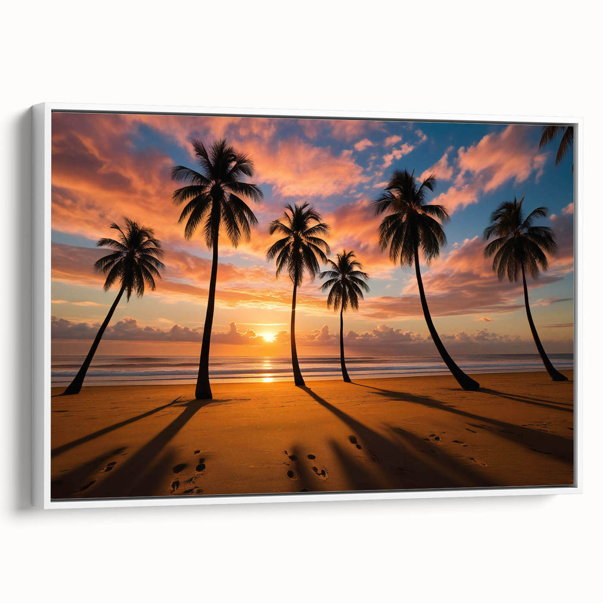 Framed canvas wall art showcasing a serene landscape with vibrant colors and intricate details, presented in a sleek white frame, perfect for home decor enhancement.
