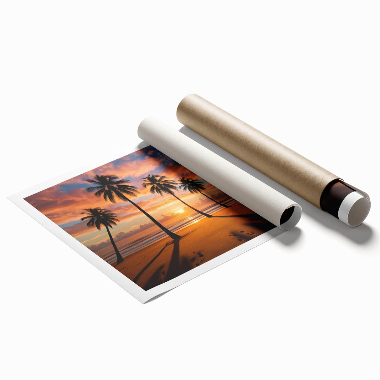 Vibrant abstract landscape wall art print showcasing a colorful sunset over rolling hills, rolled up for shipping in a protective cardboard tube, perfect for home decor.