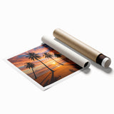 Vibrant abstract landscape wall art print showcasing a colorful sunset over rolling hills, rolled up for shipping in a protective cardboard tube, perfect for home decor.