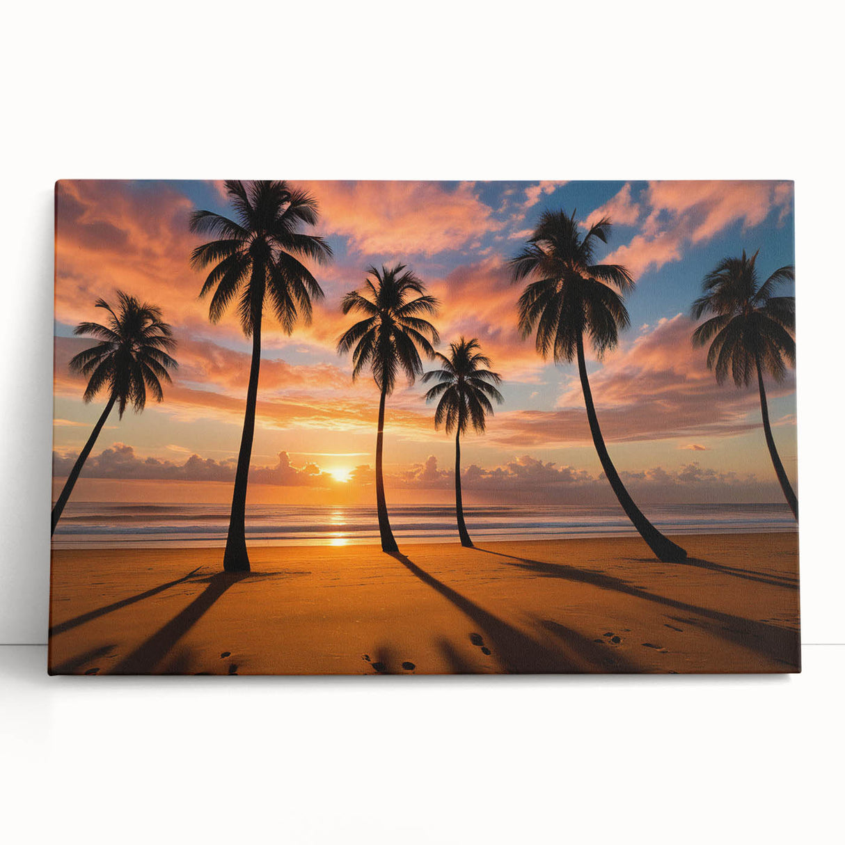 Stretched canvas wall art featuring a vibrant abstract landscape design in warm tones, leaning against a minimalist wall, perfect for modern decor.
