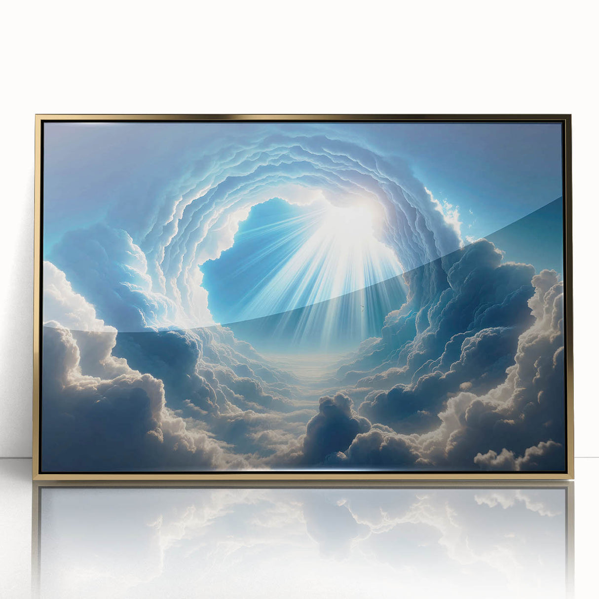 Framed acrylic wall art featuring an elegant landscape design with golden accents, showcasing a serene skyscape, perfect for modern home decor.