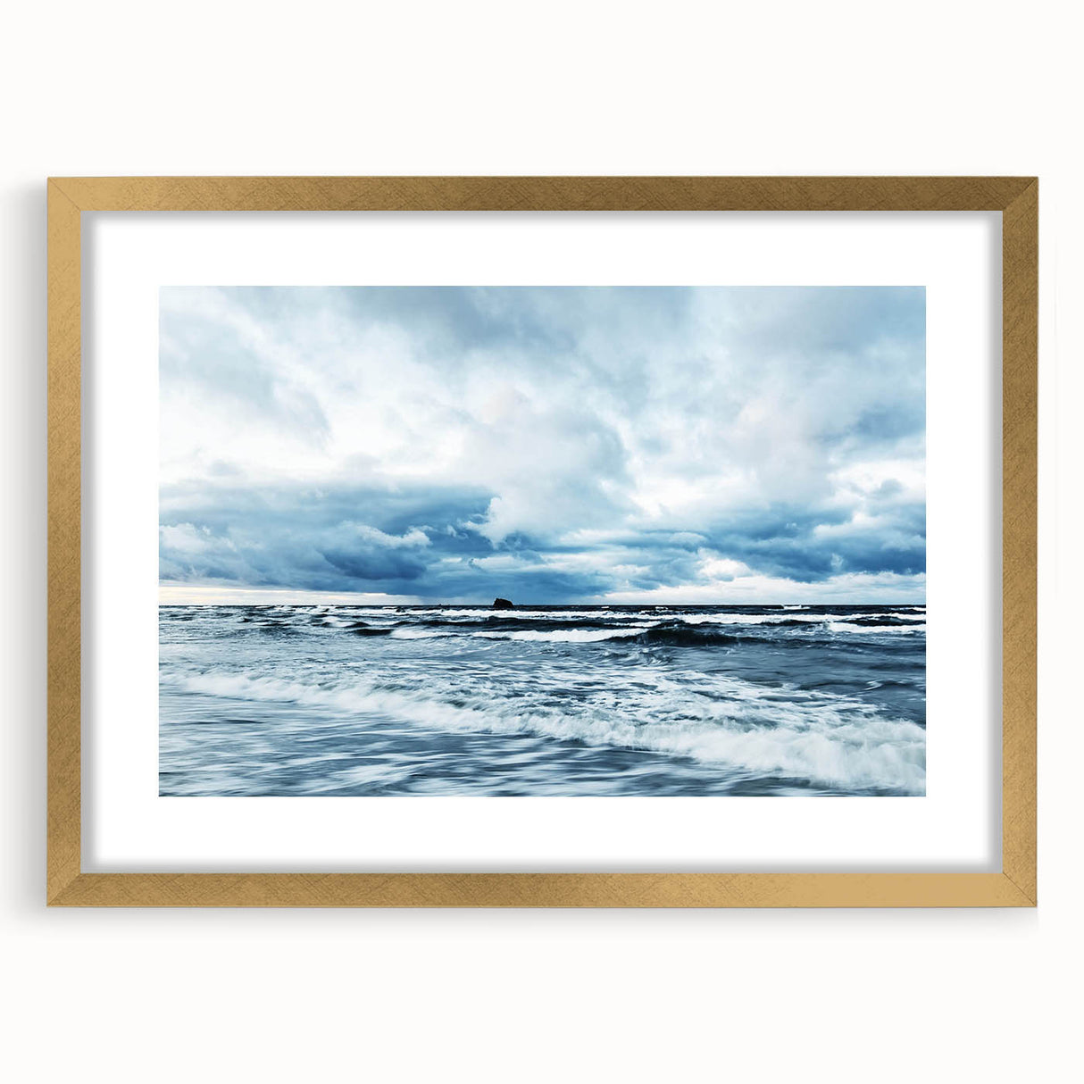 Elegant gold-framed wall art featuring a serene landscape and vibrant skyscape design, complete with a classic mat, perfect for enhancing modern home decor.