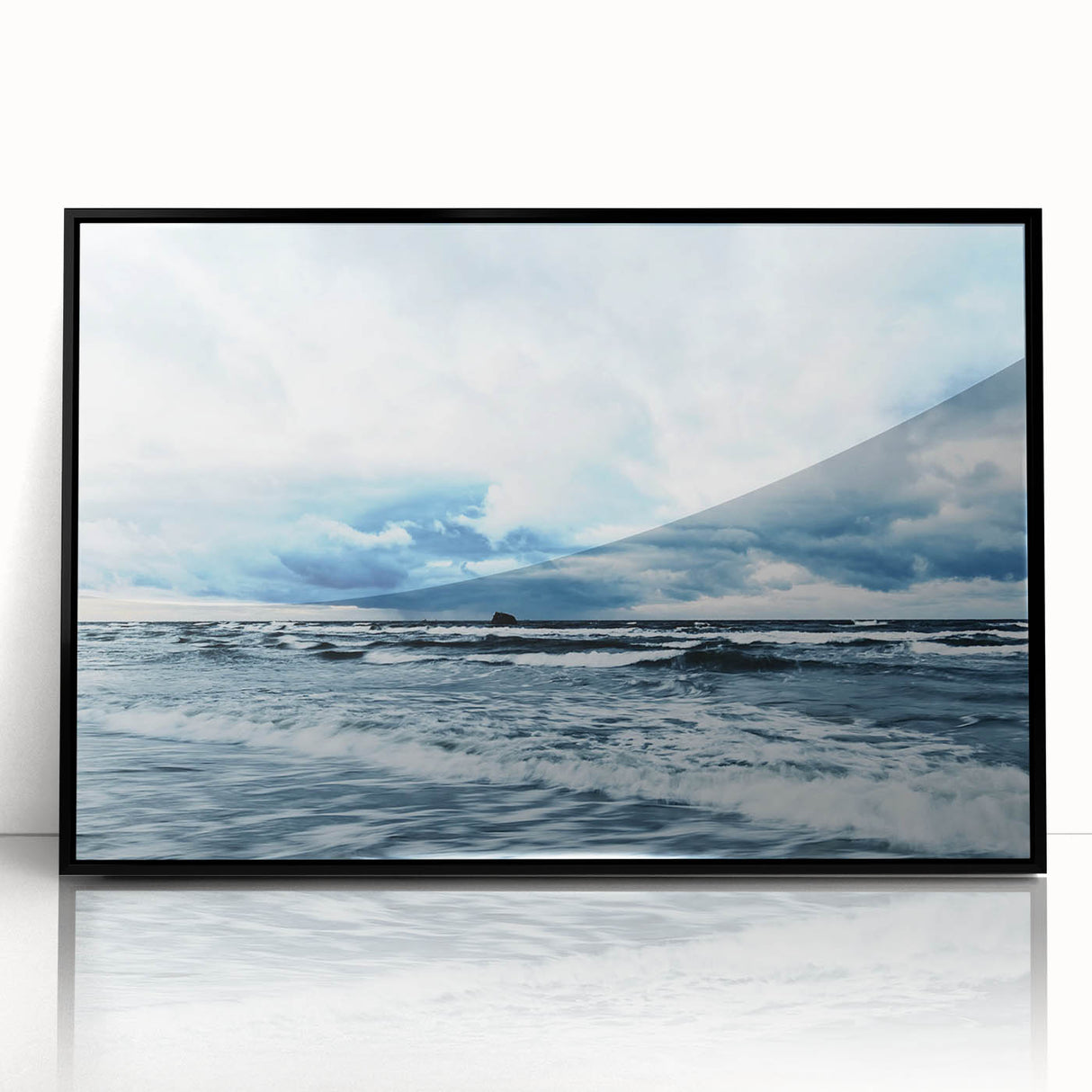 Framed acrylic wall art featuring a vibrant landscapes and skyscapes design, showcasing colorful abstract elements against a sleek black frame. Ideal for modern home decor.