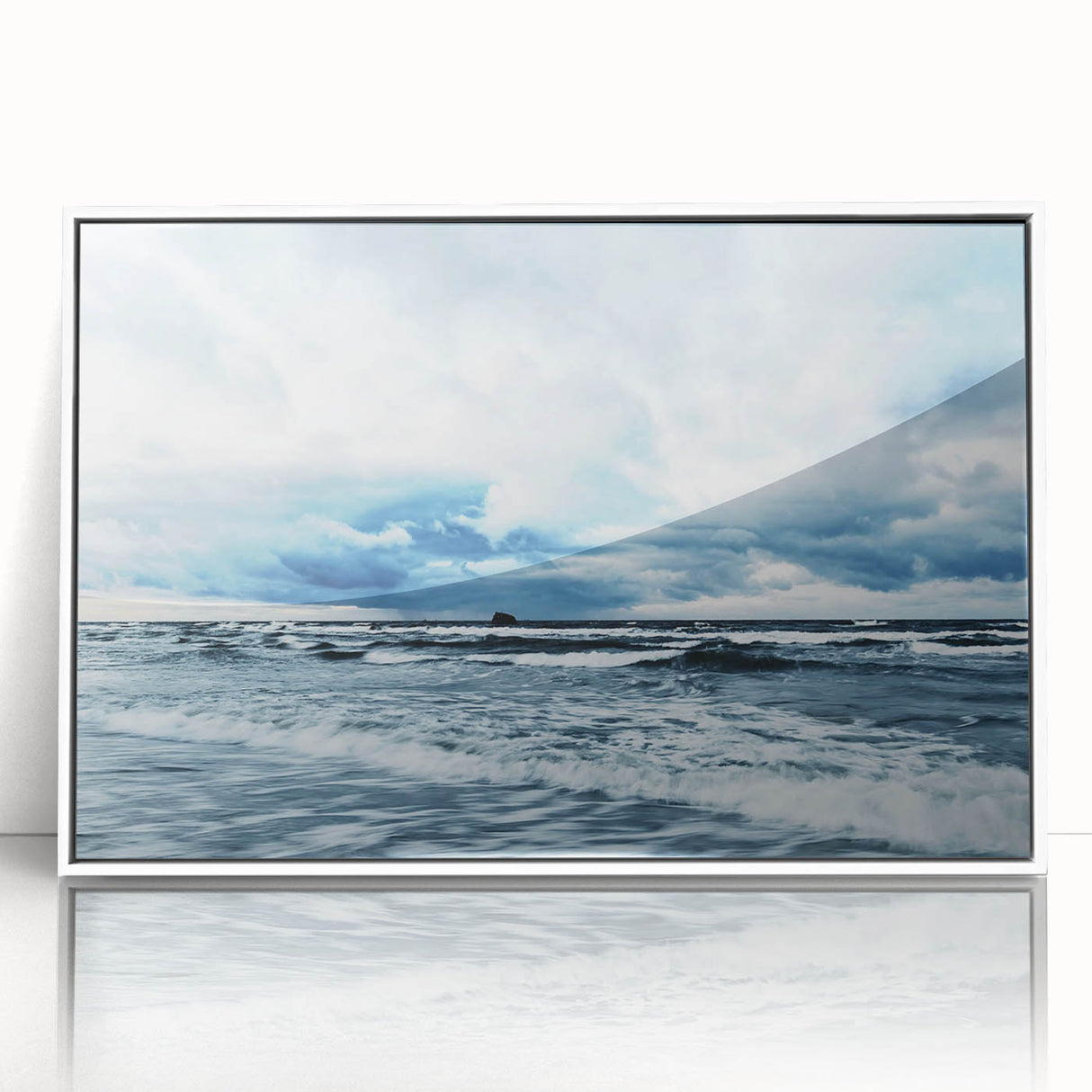 Framed acrylic wall art from the Landscapes Skyscapes collection, featuring serene mountain scenery in soft blue and white tones, ideal for modern home decor.