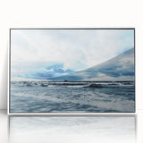 Framed acrylic wall art from the Landscapes Skyscapes collection, featuring serene mountain scenery in soft blue and white tones, ideal for modern home decor.
