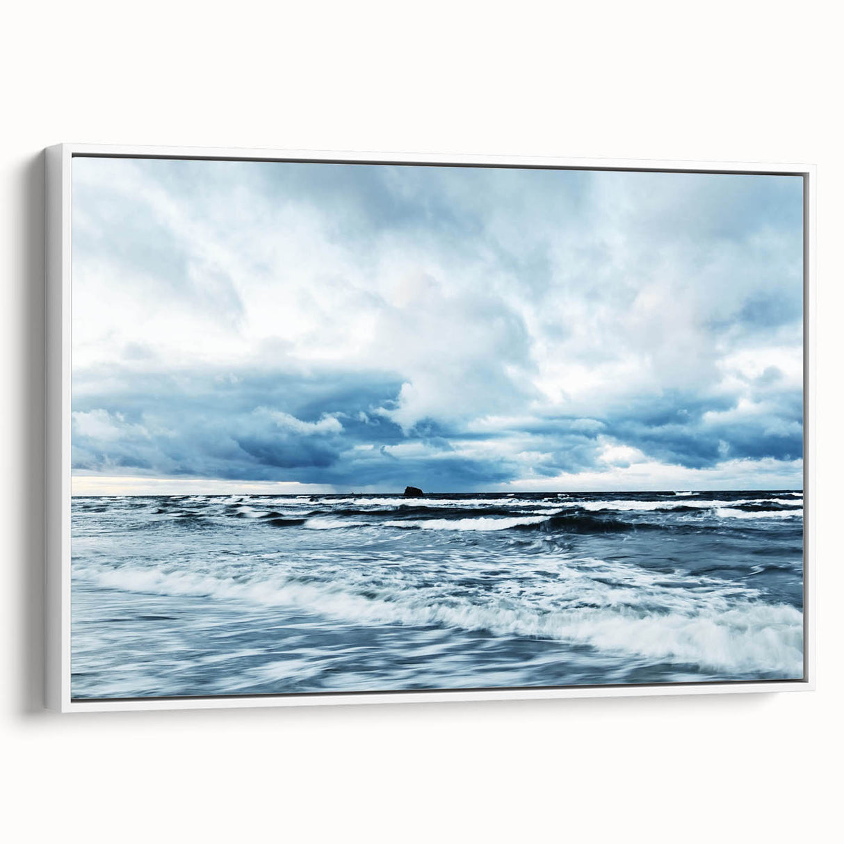 Framed canvas wall art showcasing a serene landscape design with vibrant colors, elegantly displayed in a white frame, perfect for home decor enhancement.