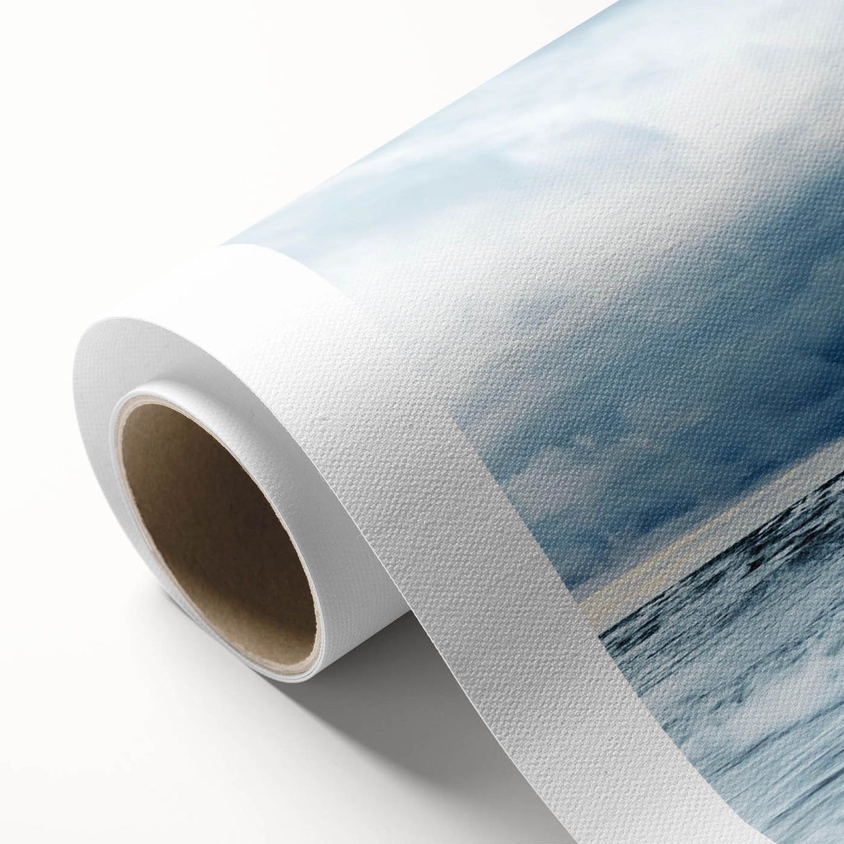Vibrant rolled canvas showcasing a serene landscape with captivating sky hues, ideal for home decor, thoughtfully rolled for safe shipping in a protective tube.