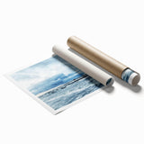 Vibrant rolled print of a serene landscape featuring soft pastel skies and lush greenery, ideal for home decor, presented in a protective cardboard tube.